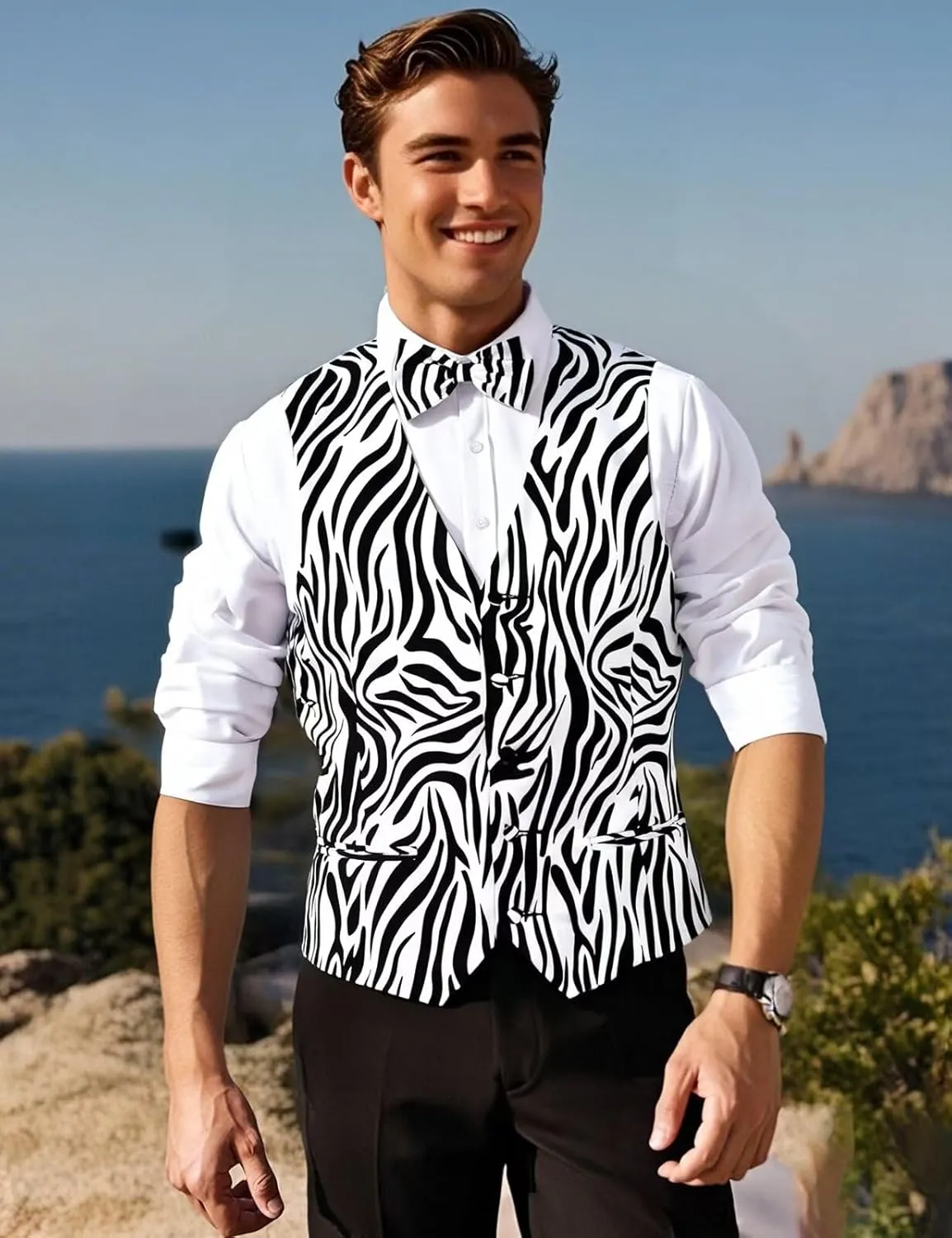 2-Piece Party Suit Vest for Men, Animal Print Waistcoat Vest & Bow Tie