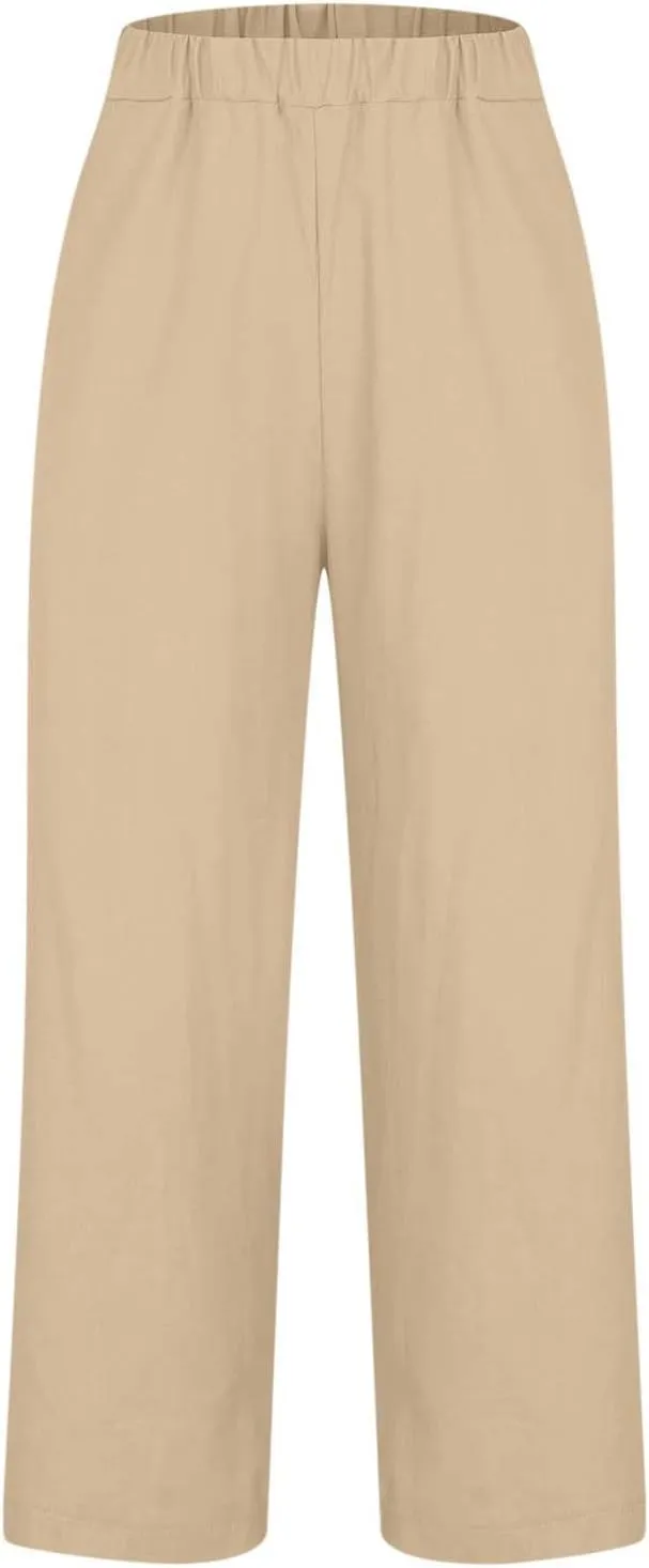 2024 Cotton Linen Pants Women Summer Elastic Waist Crop Pants Plus Size Straight Leg Slack Casual Trouser with Pocket