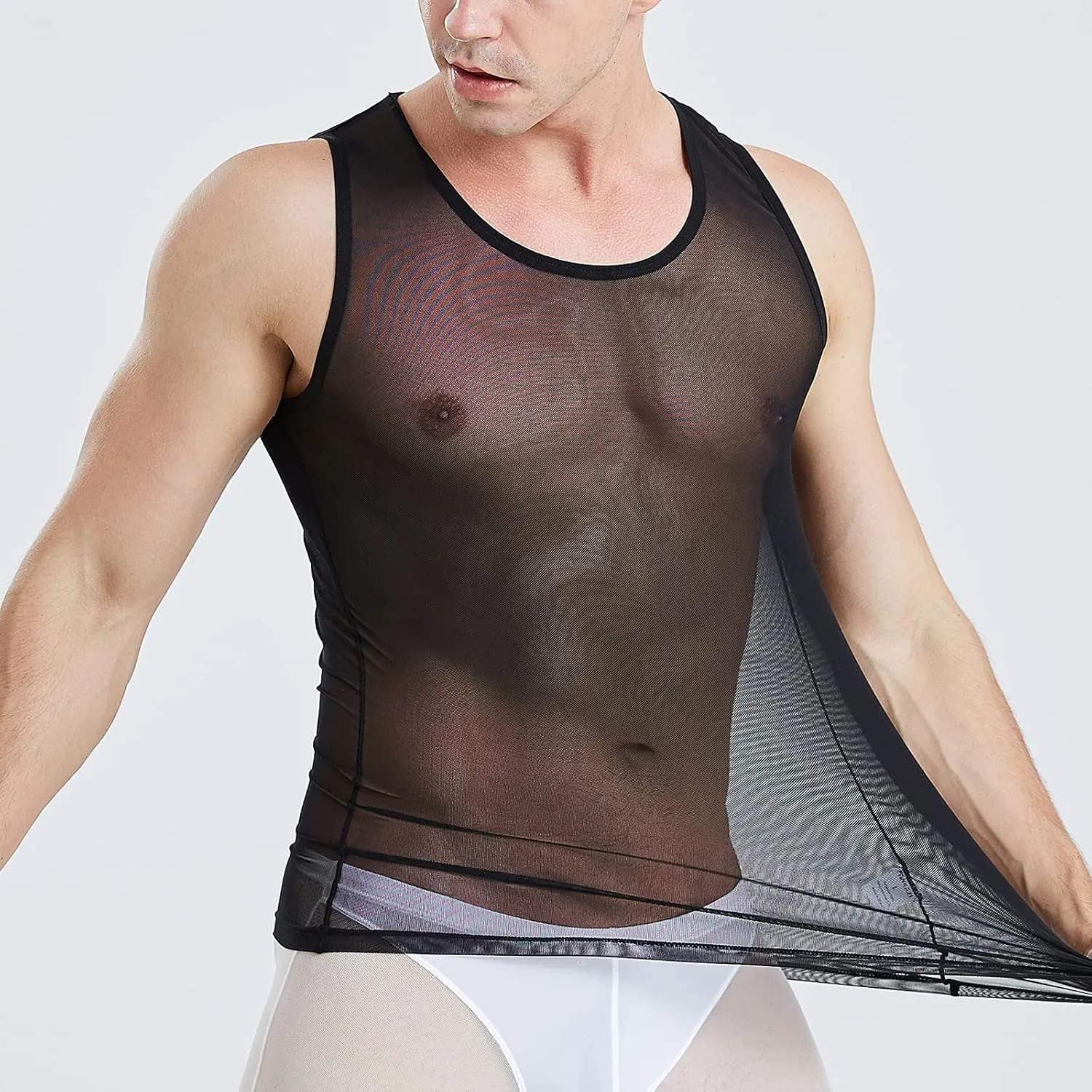 ABAFIP Men's Mesh Sheer Rave Tank Tops Summer Undershirt Semi See Thru Fitted Gym Workout Muscle Vest