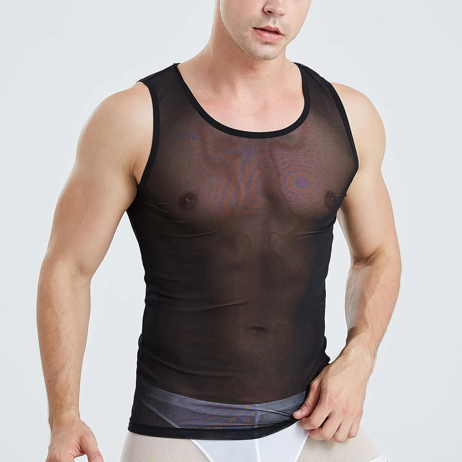 ABAFIP Men's Mesh Sheer Rave Tank Tops Summer Undershirt Semi See Thru Fitted Gym Workout Muscle Vest