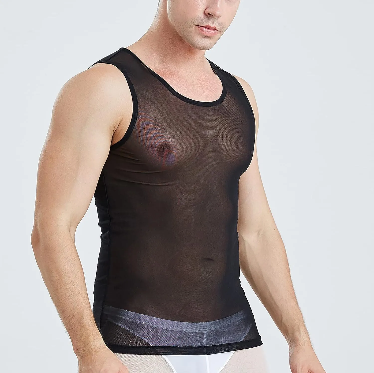 ABAFIP Men's Mesh Sheer Rave Tank Tops Summer Undershirt Semi See Thru Fitted Gym Workout Muscle Vest