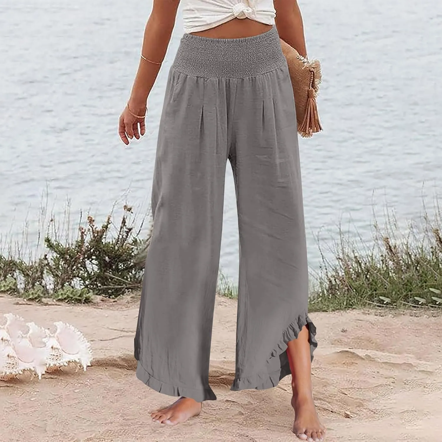 ADHOWBEW Linen Pants for Women Flowy Stretch Lounge Plus Size High Waisted Dressy Work Casual Cotton Ladies Pants