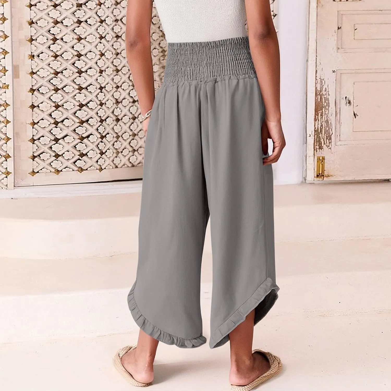 ADHOWBEW Linen Pants for Women Flowy Stretch Lounge Plus Size High Waisted Dressy Work Casual Cotton Ladies Pants