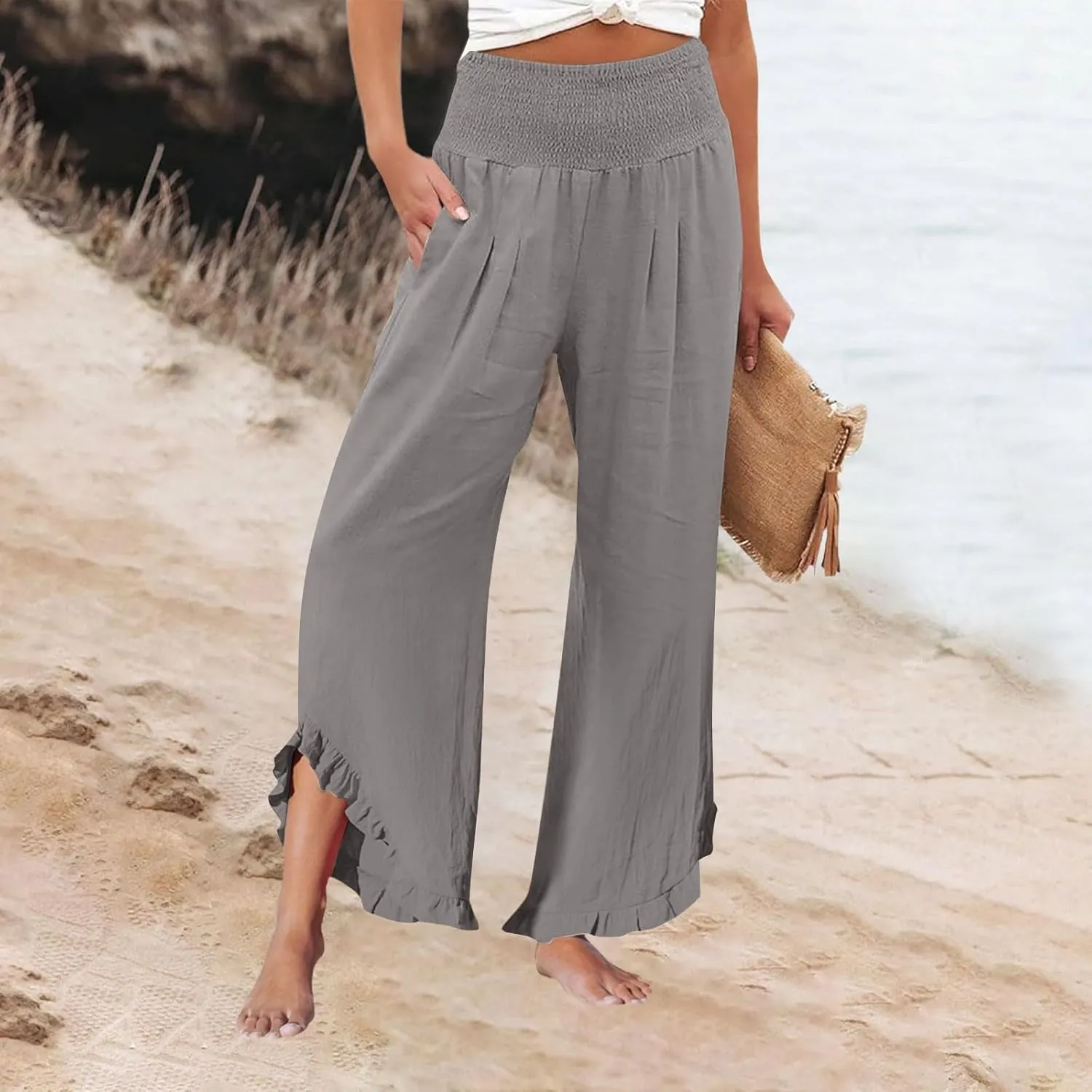 ADHOWBEW Linen Pants for Women Flowy Stretch Lounge Plus Size High Waisted Dressy Work Casual Cotton Ladies Pants