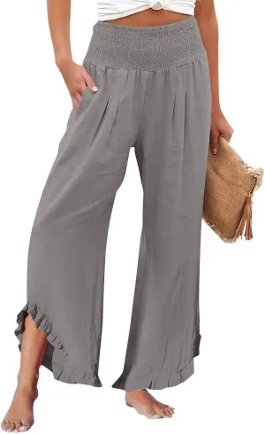 ADHOWBEW Linen Pants for Women Flowy Stretch Lounge Plus Size High Waisted Dressy Work Casual Cotton Ladies Pants