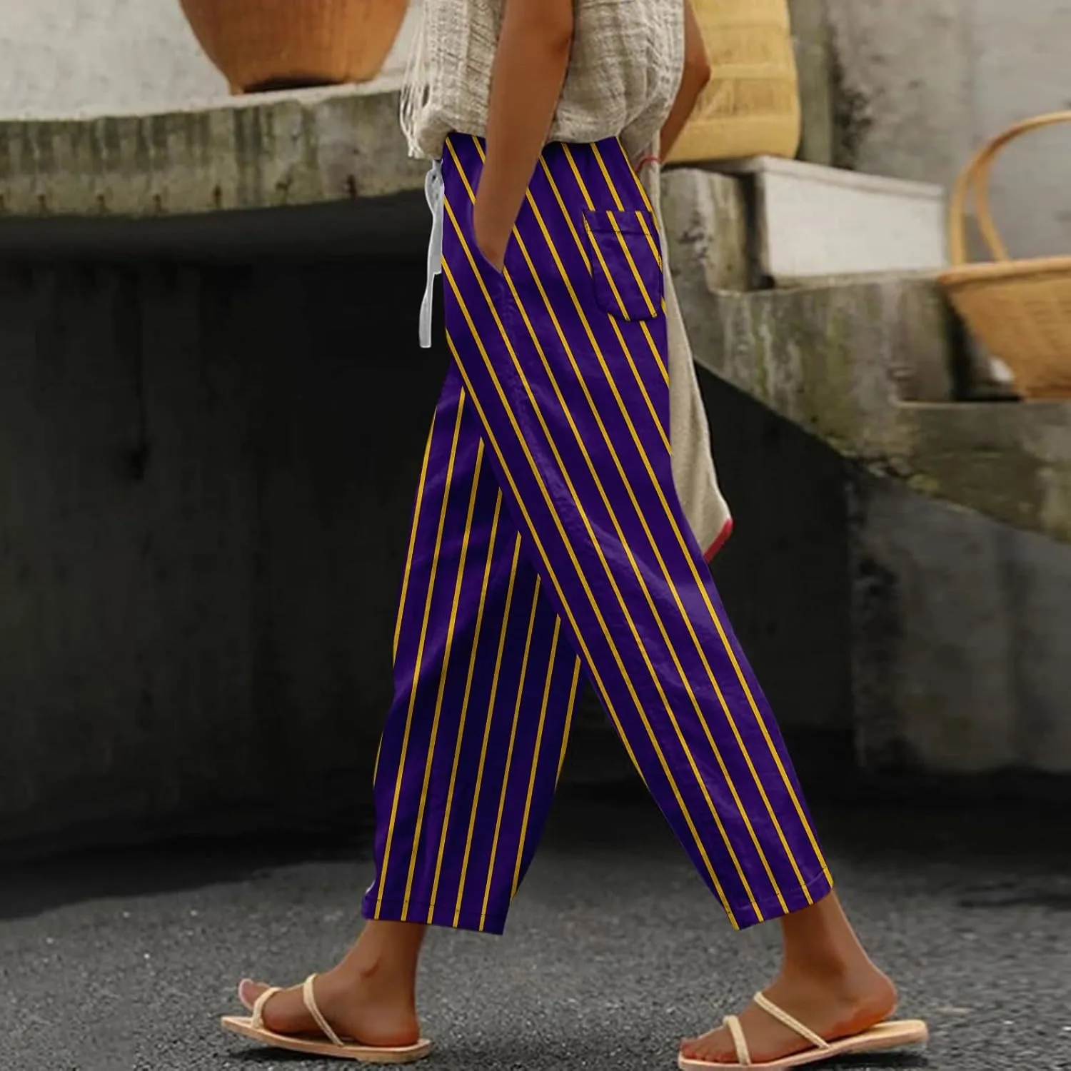 ADHOWBEW Women Capri Pants Trendy Wide Leg High Waist Flowy Summer Lounge Dressy Drawstring Cotton Slacks with Pockets