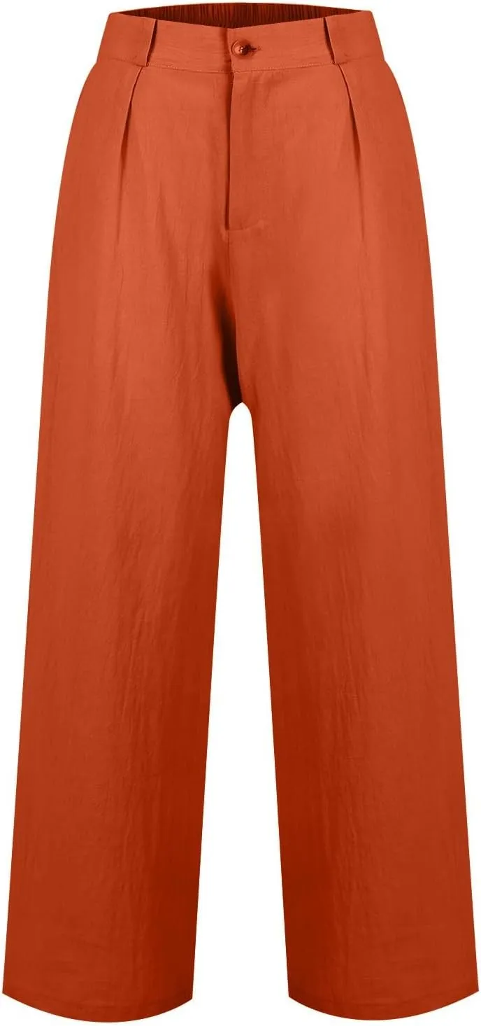 ADHOWBEW Women's Linen Pants Lounge Stretch Dressy Casual Work Plus Size Cotton Petite Flowy High Waisted Pants