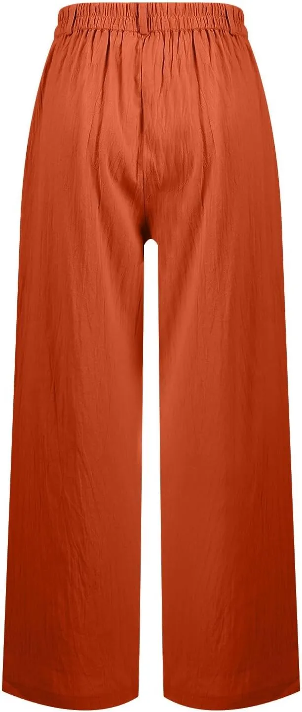 ADHOWBEW Women's Linen Pants Lounge Stretch Dressy Casual Work Plus Size Cotton Petite Flowy High Waisted Pants