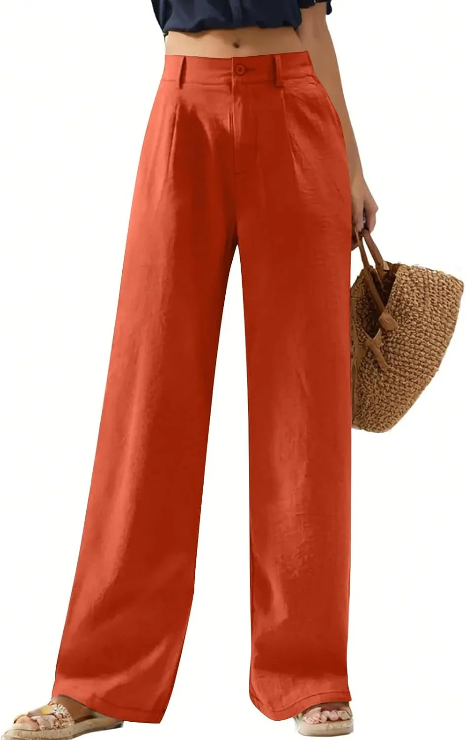 ADHOWBEW Women's Linen Pants Lounge Stretch Dressy Casual Work Plus Size Cotton Petite Flowy High Waisted Pants