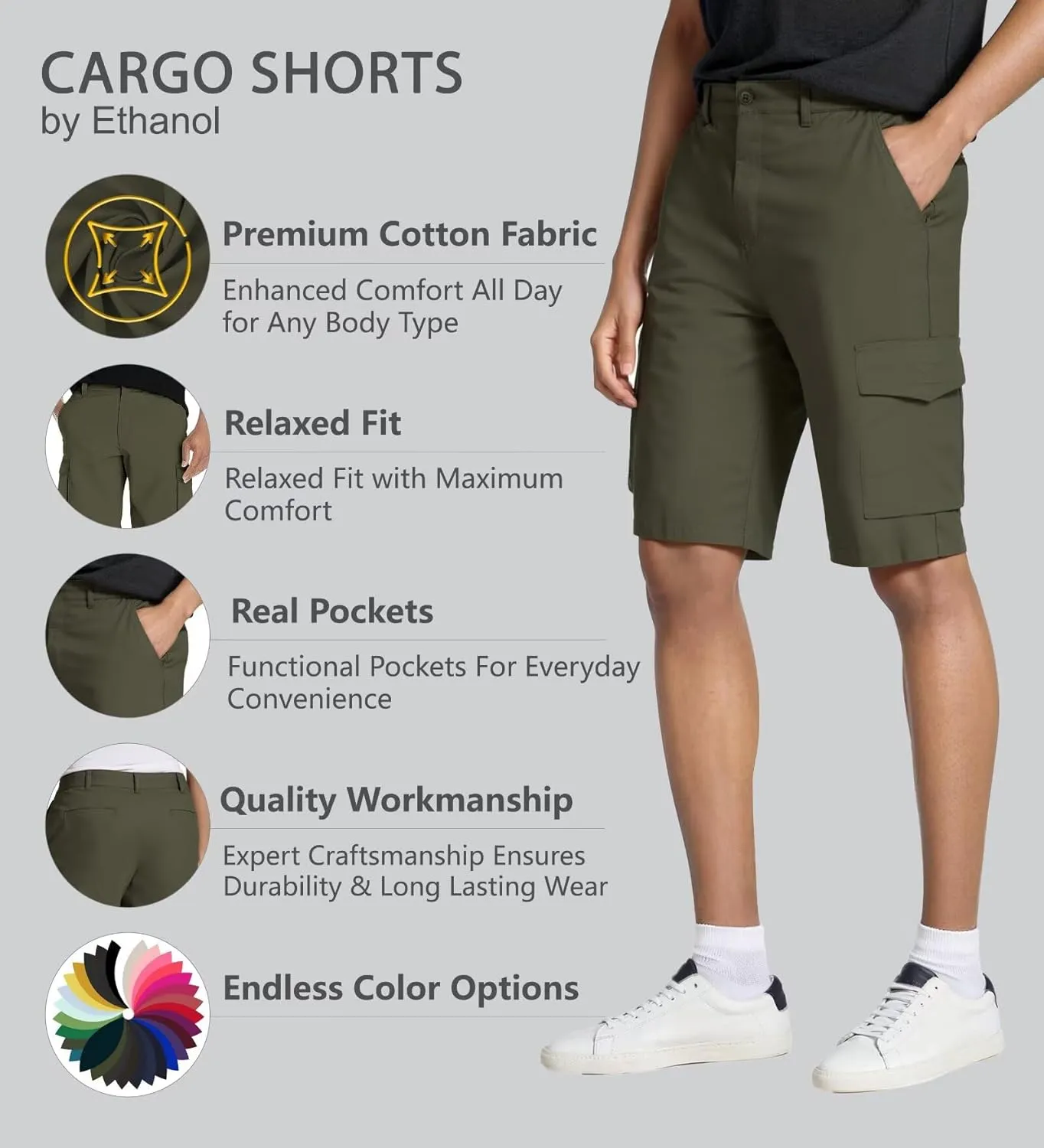 Agile Mens Casual Summer Flat Front Essential Stretch Shorts/Cargo Shorts with Pockets