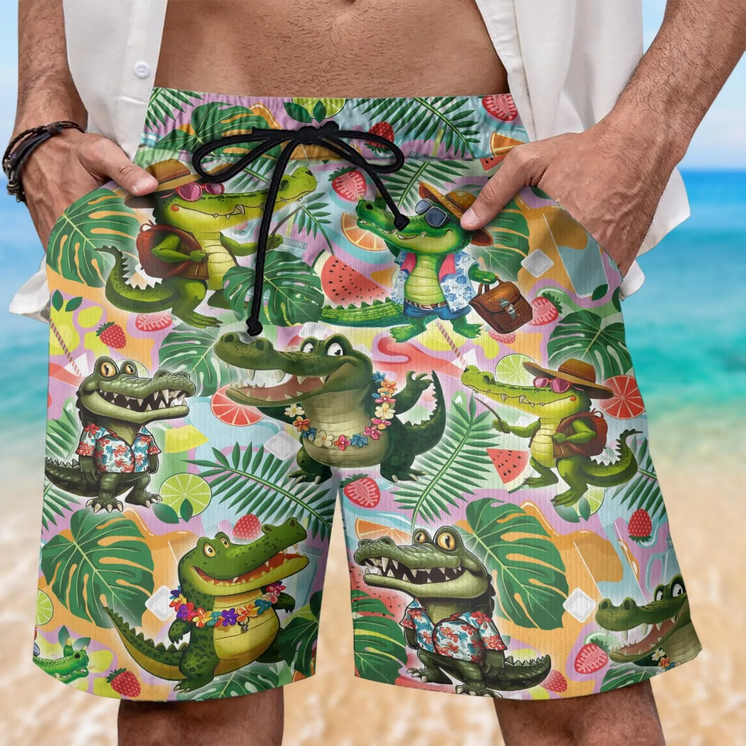 Alligator Mens Swim Trunks - Reptile Hawaiian Mens Shorts Casual - Summer Drawstring Beachwear Shorts PA59