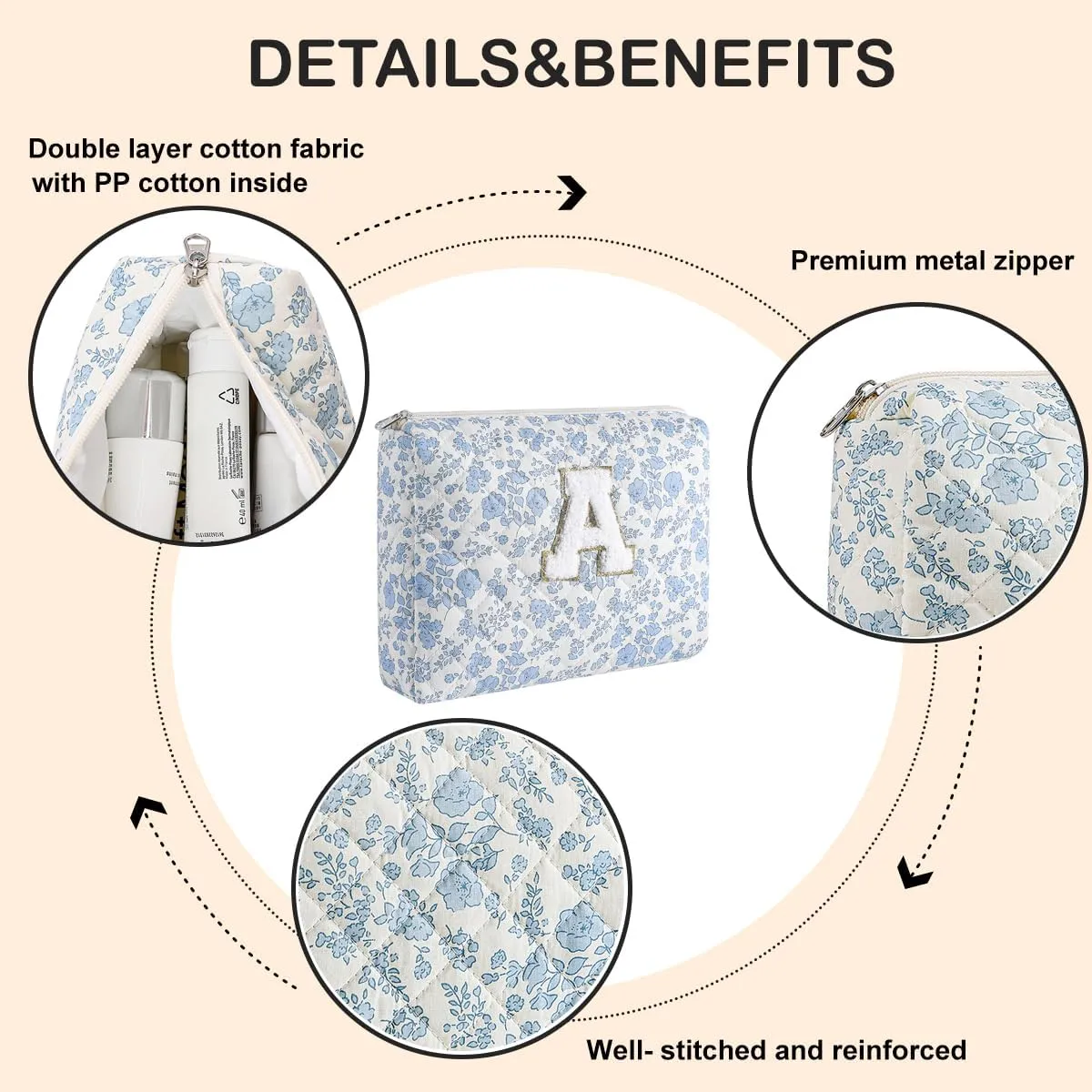 Alphabet Makeup Bag Cosmetic Bag for Women, Christmas Gifts for Age 11-18, Personalized Floral Coquette Travel Bag, Trendy Stuff Zipper Make Up Pouch Organizer Bag (Blue Floral A)