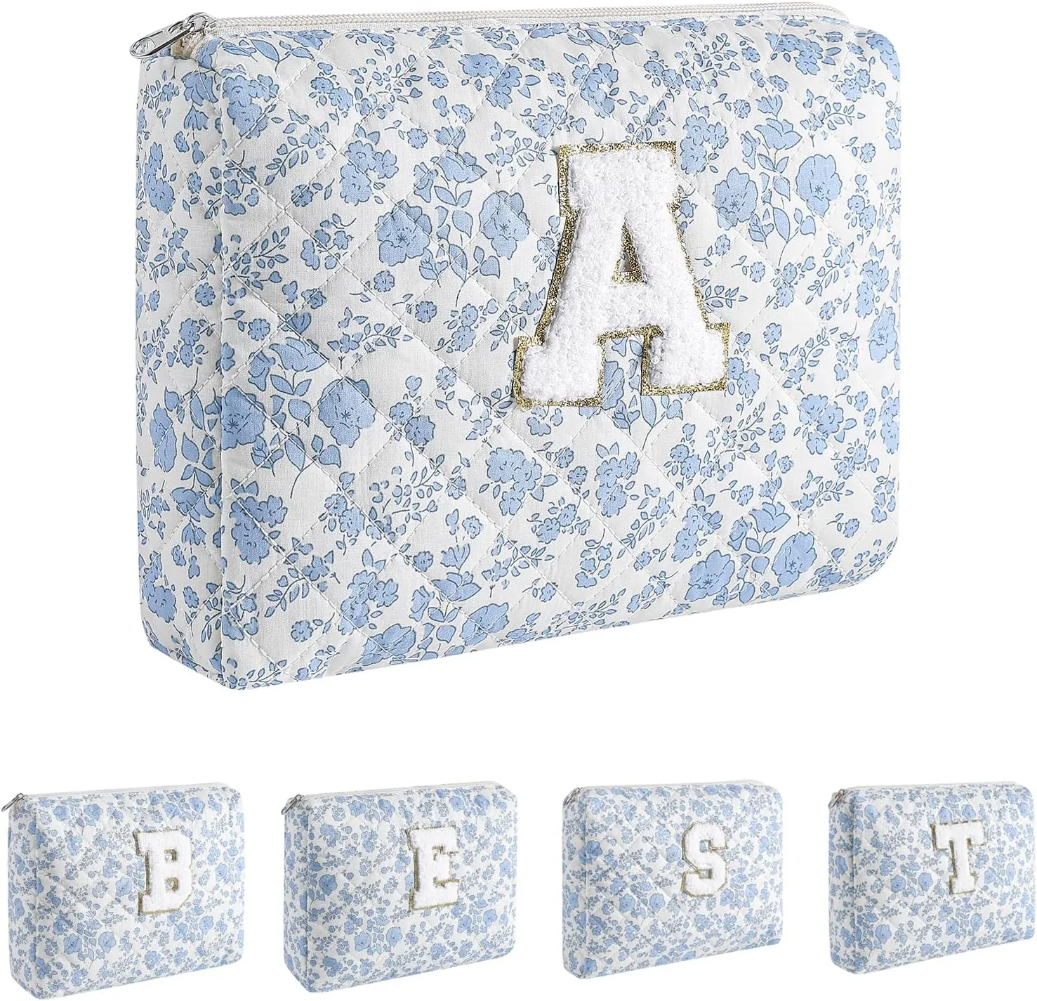 Alphabet Makeup Bag Cosmetic Bag for Women, Christmas Gifts for Age 11-18, Personalized Floral Coquette Travel Bag, Trendy Stuff Zipper Make Up Pouch Organizer Bag (Blue Floral A)