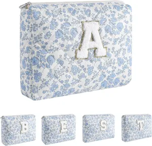 Alphabet Makeup Bag Cosmetic Bag for Women, Christmas Gifts for Age 11-18, Personalized Floral Coquette Travel Bag, Trendy Stuff Zipper Make Up Pouch Organizer Bag (Blue Floral A)