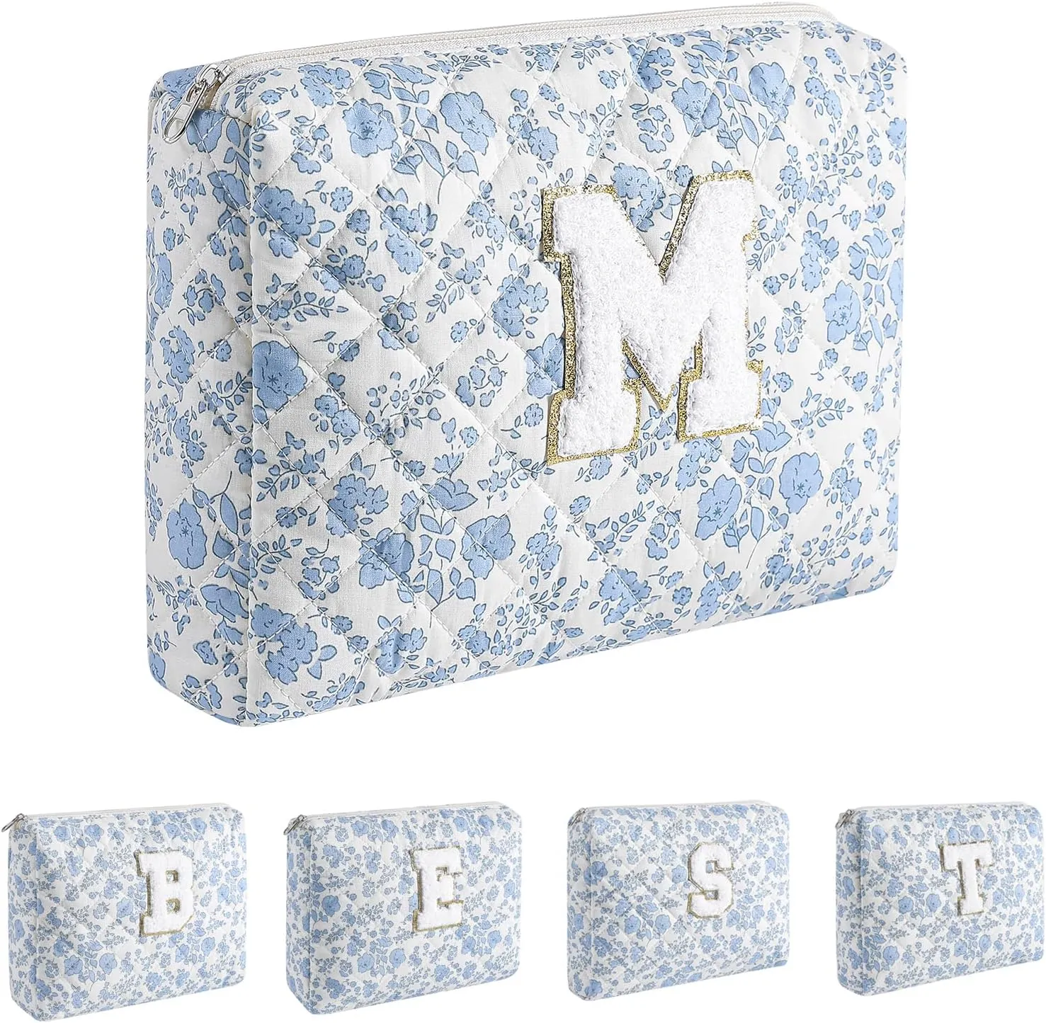 Alphabet Makeup Bag Cosmetic Bag for Women, Christmas Gifts for Age 11-18, Personalized Floral Coquette Travel Bag, Trendy Stuff Zipper Make Up Pouch Organizer Bag (Blue Floral M)