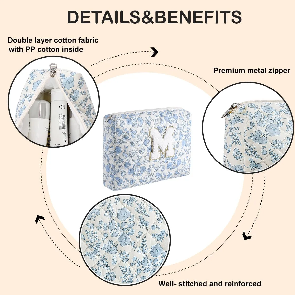 Alphabet Makeup Bag Cosmetic Bag for Women, Christmas Gifts for Age 11-18, Personalized Floral Coquette Travel Bag, Trendy Stuff Zipper Make Up Pouch Organizer Bag (Blue Floral M)