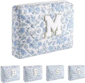 Alphabet Makeup Bag Cosmetic Bag for Women, Christmas Gifts for Age 11-18, Personalized Floral Coquette Travel Bag, Trendy Stuff Zipper Make Up Pouch Organizer Bag (Blue Floral M)