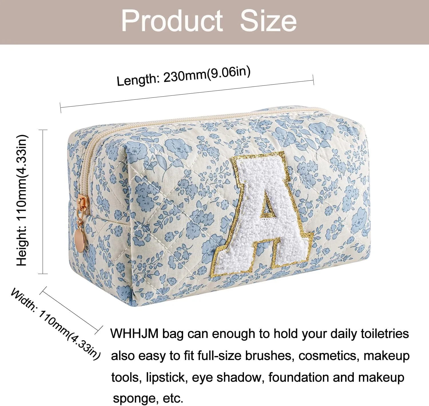 Alphabet Makeup Bag Cosmetic Bag for Women, Christmas Gifts for Girls Age 11-18, Personalized Floral Coquette Travel Bag, Trendy Stuff Zipper Make Up Pouch Organizer Bag (Blue Floral A)