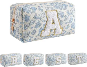 Alphabet Makeup Bag Cosmetic Bag for Women, Christmas Gifts for Girls Age 11-18, Personalized Floral Coquette Travel Bag, Trendy Stuff Zipper Make Up Pouch Organizer Bag (Blue Floral A)