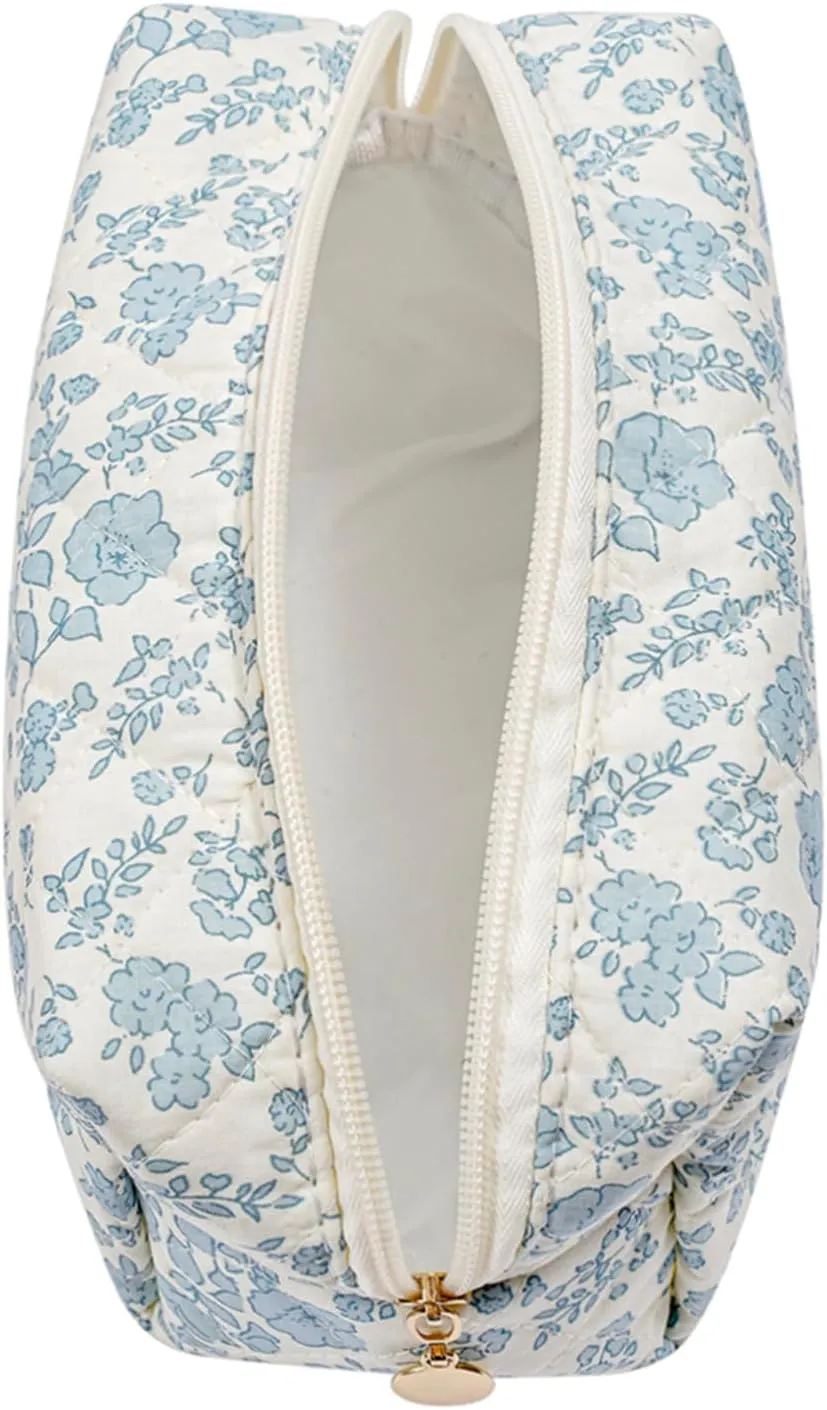 Alphabet Makeup Bag Cosmetic Bag for Women, Christmas Gifts for Girls Age 11-18, Personalized Floral Coquette Travel Bag, Trendy Stuff Zipper Make Up Pouch Organizer Bag (Blue Floral A)