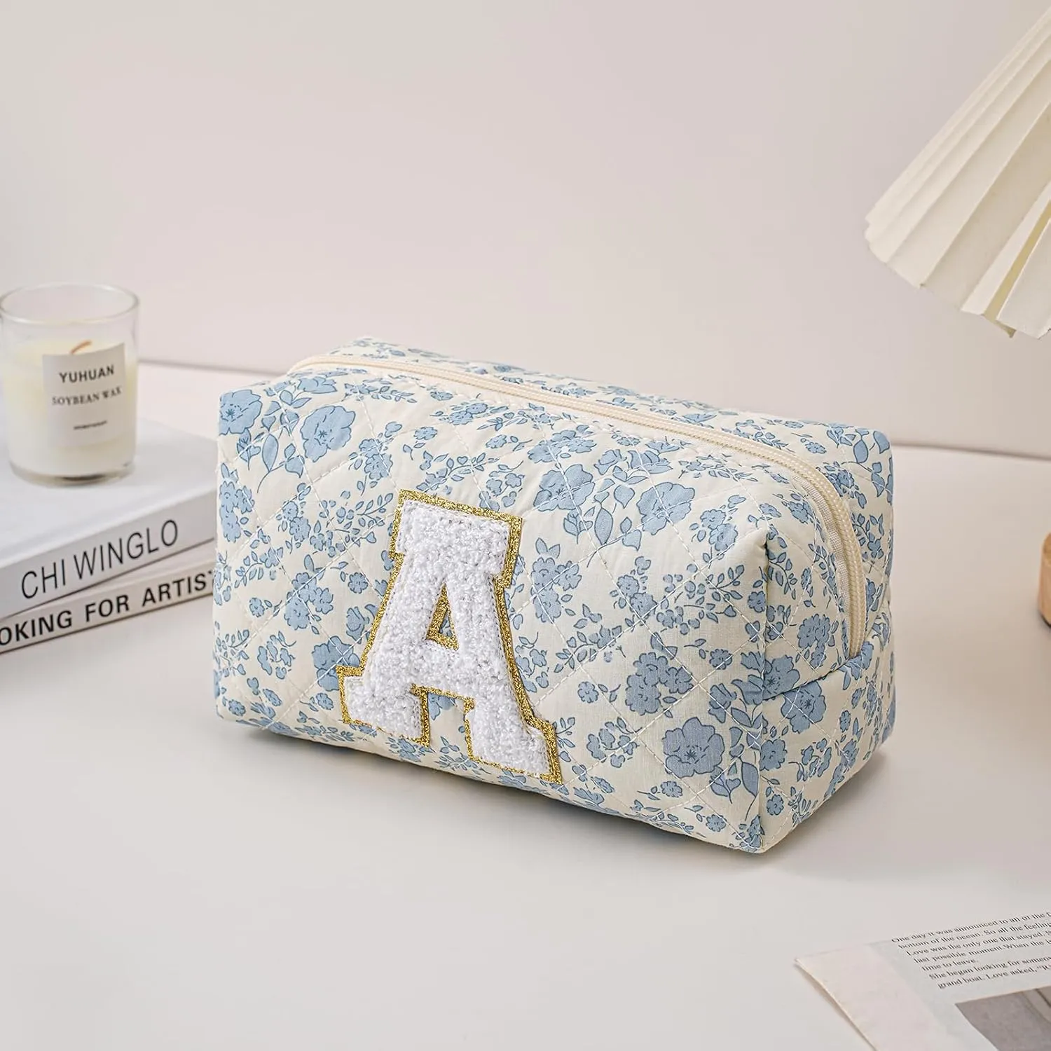 Alphabet Makeup Bag Cosmetic Bag for Women, Christmas Gifts for Girls Age 11-18, Personalized Floral Coquette Travel Bag, Trendy Stuff Zipper Make Up Pouch Organizer Bag (Blue Floral A)