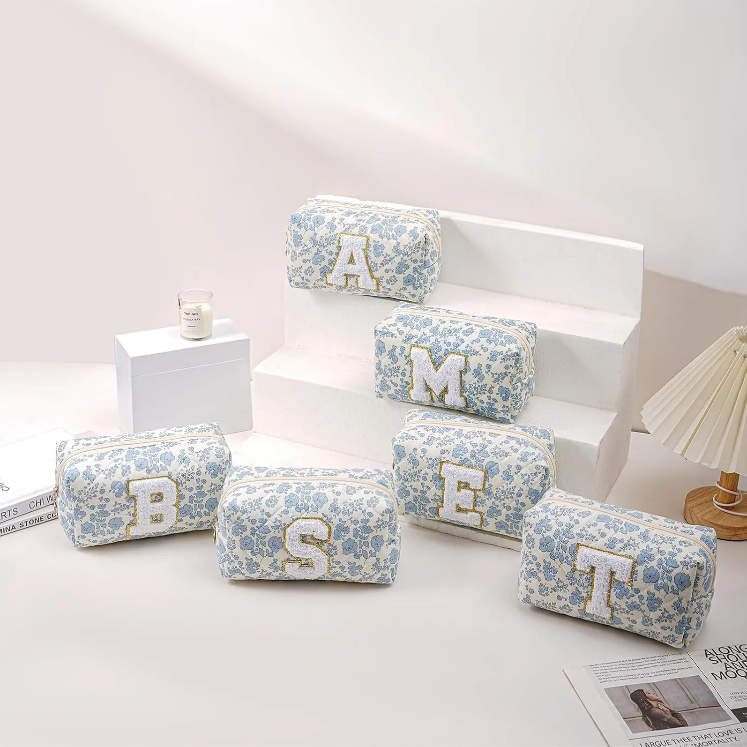 Alphabet Makeup Bag Cosmetic Bag for Women, Christmas Gifts for Girls Age 11-18, Personalized Floral Coquette Travel Bag, Trendy Stuff Zipper Make Up Pouch Organizer Bag (Blue Floral A)