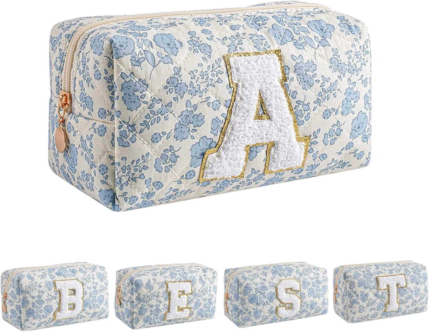 Alphabet Makeup Bag Cosmetic Bag for Women, Christmas Gifts for Girls Age 11-18, Personalized Floral Coquette Travel Bag, Trendy Stuff Zipper Make Up Pouch Organizer Bag (Blue Floral A)