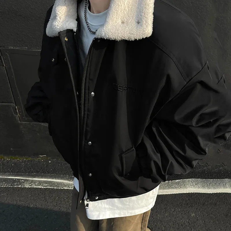 American Style Men's Cotton Padded Jackets Lamb Wool Thick Lapel Solid Color Buttons Male Coats Fashion 2024 Winter 9C8934
