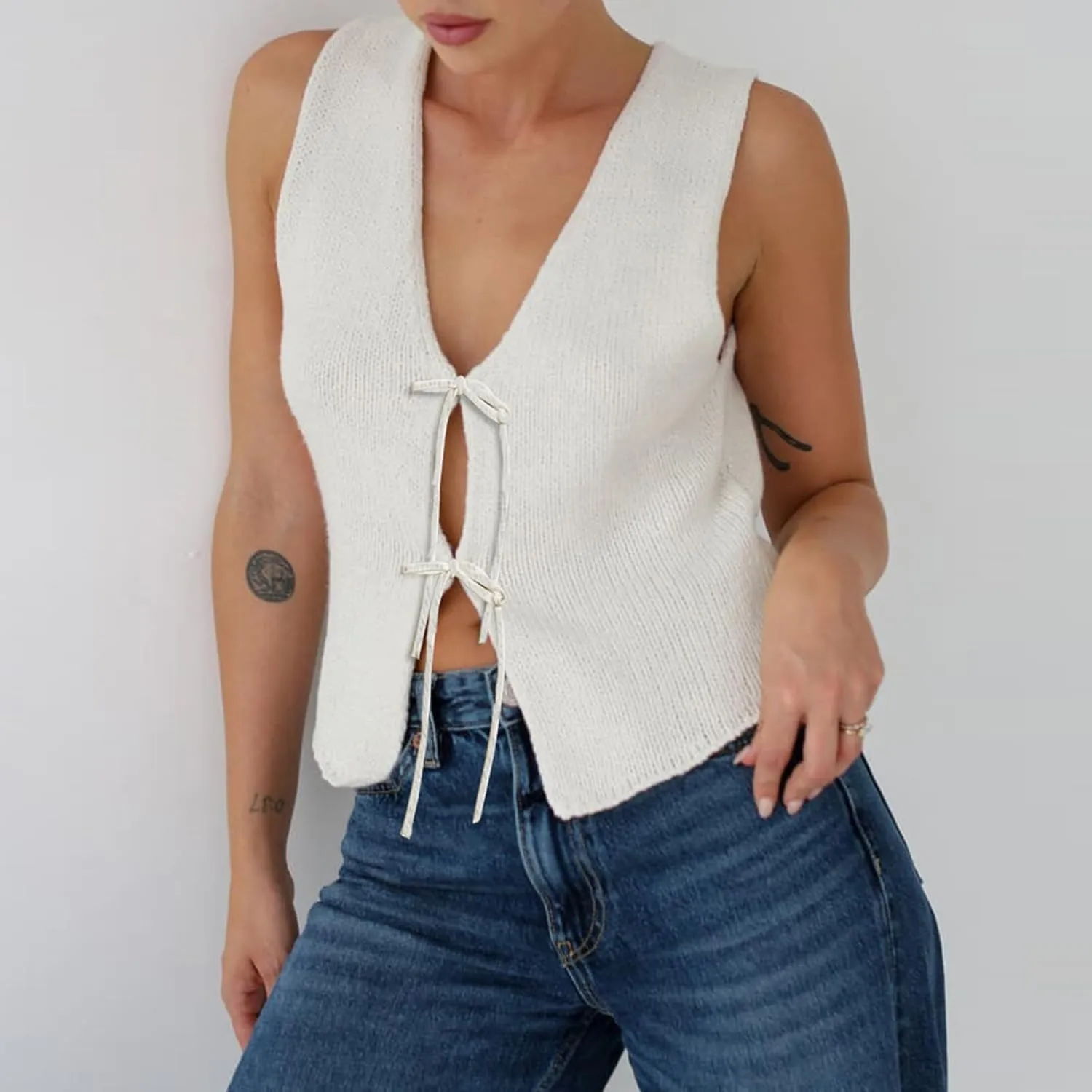 Amiblvowa Women Crochet Vest Y2k Tie Front Knit V Neck Sleeveless Tank Top Open Front Going Out Crop Sweater Vest Tops
