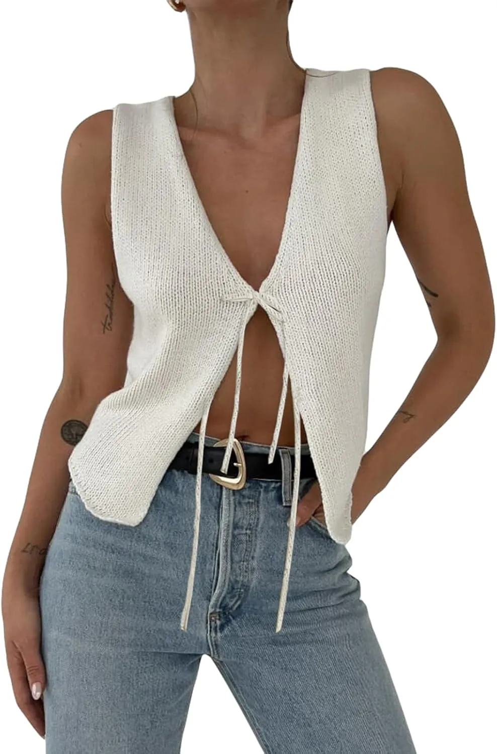 Amiblvowa Women Crochet Vest Y2k Tie Front Knit V Neck Sleeveless Tank Top Open Front Going Out Crop Sweater Vest Tops