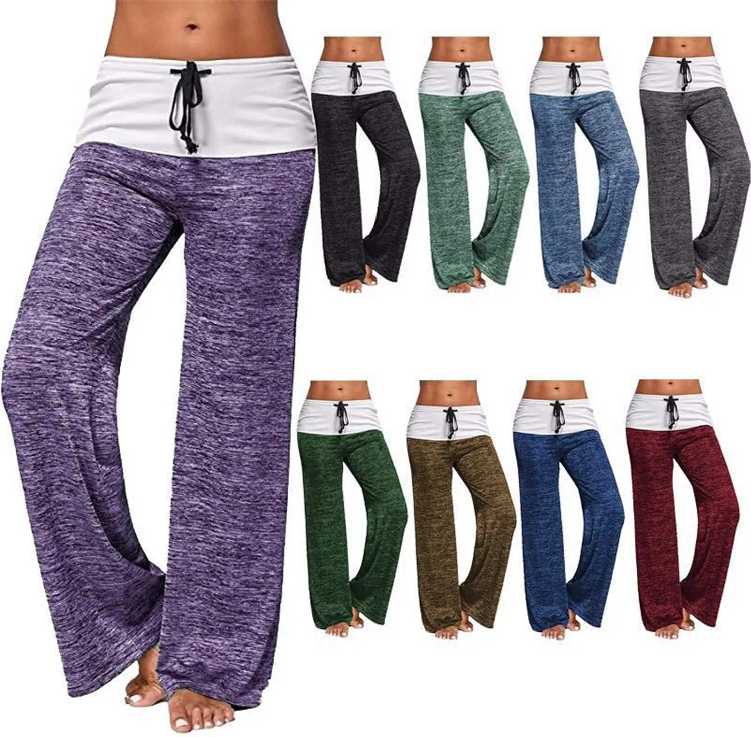 Andongnywell Womens High Waist Drawstring Wide Leg Trousers Casual Comfy Palazzo Pants Wide Legs Lounge Pants Trousers