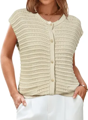 Arach&Cloz Women Cap Sleeve Sweater Vest 2025 Summer Crochet Button Down Knit Cardigan Loose Business Casual Tops Trendy