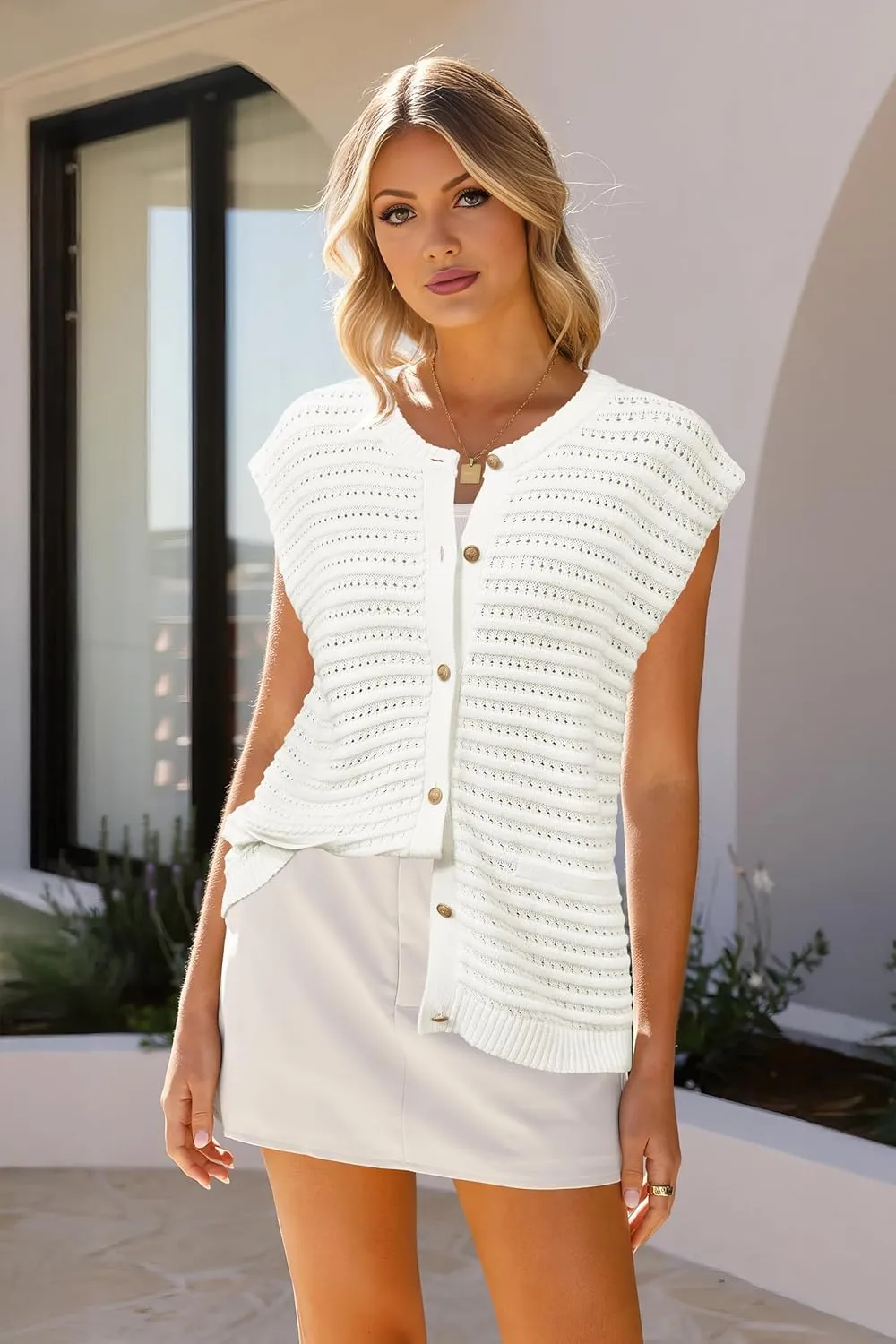Arach&Cloz Women Cap Sleeve Sweater Vest 2025 Summer Crochet Button Down Knit Cardigan Loose Business Casual Tops Trendy