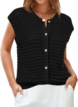 Arach&Cloz Women Cap Sleeve Sweater Vest 2025 Summer Crochet Button Down Knit Cardigan Loose Business Casual Tops Trendy