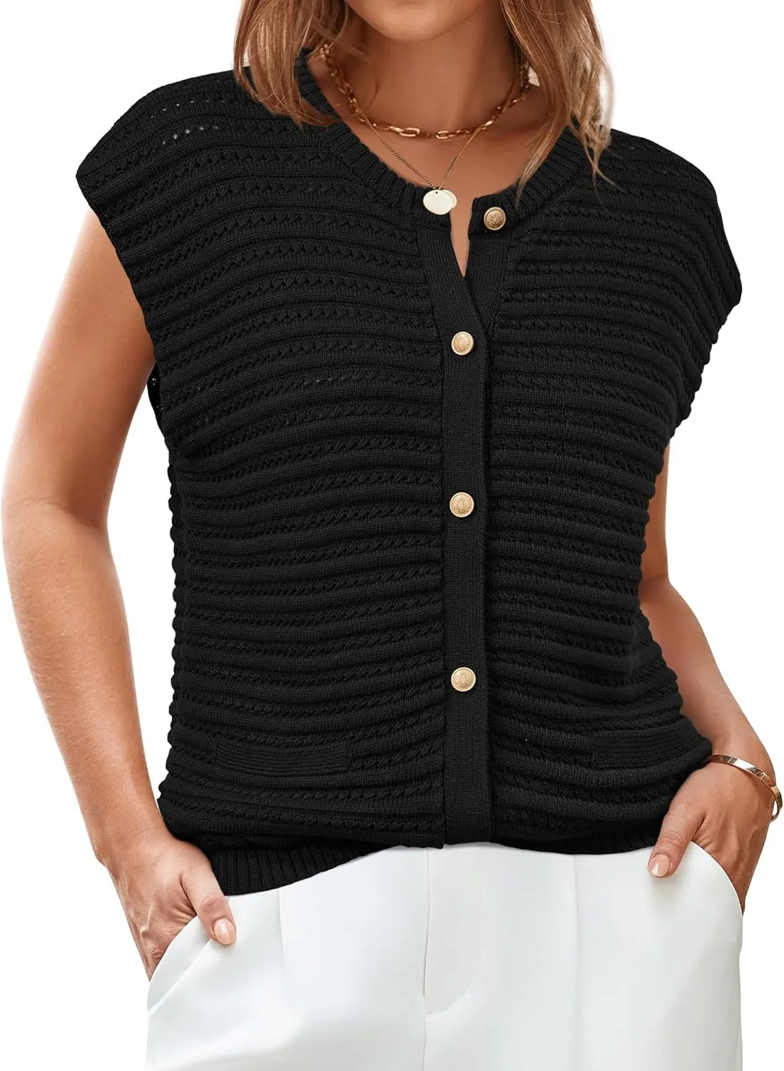Arach&Cloz Women Cap Sleeve Sweater Vest 2025 Summer Crochet Button Down Knit Cardigan Loose Business Casual Tops Trendy