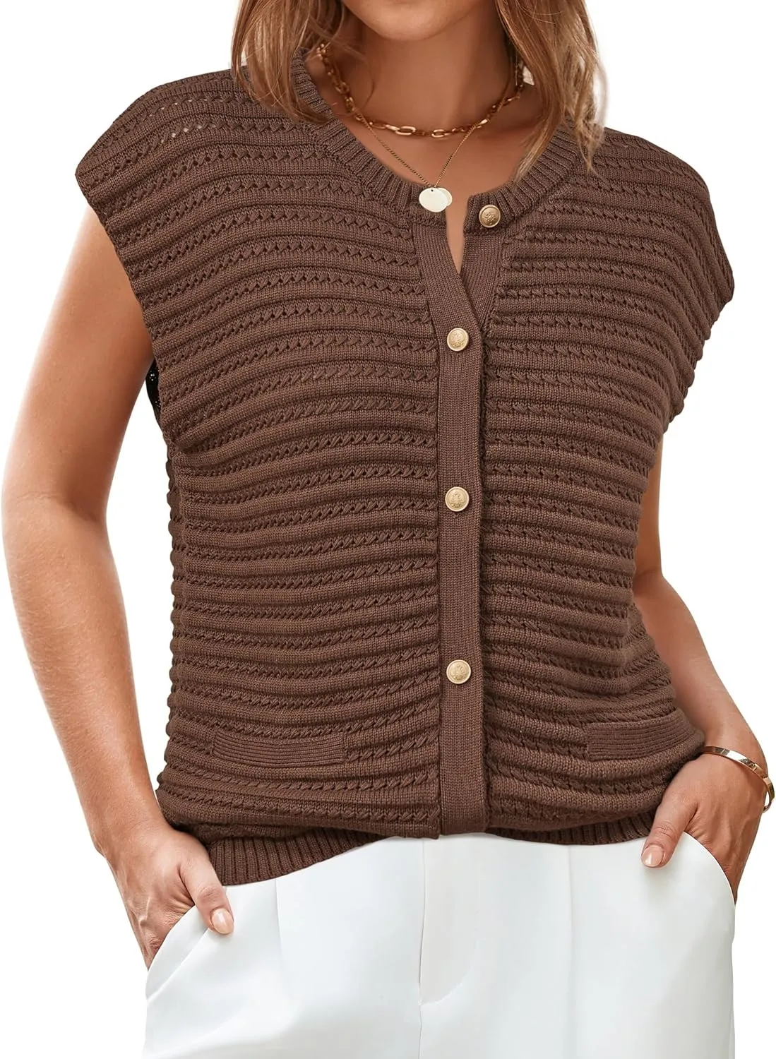 Arach&Cloz Women Cap Sleeve Sweater Vest 2025 Summer Crochet Button Down Knit Cardigan Loose Business Casual Tops Trendy