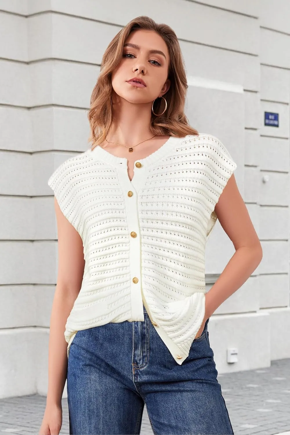 Arach&Cloz Women Cap Sleeve Sweater Vest 2025 Summer Crochet Button Down Knit Cardigan Loose Business Casual Tops Trendy
