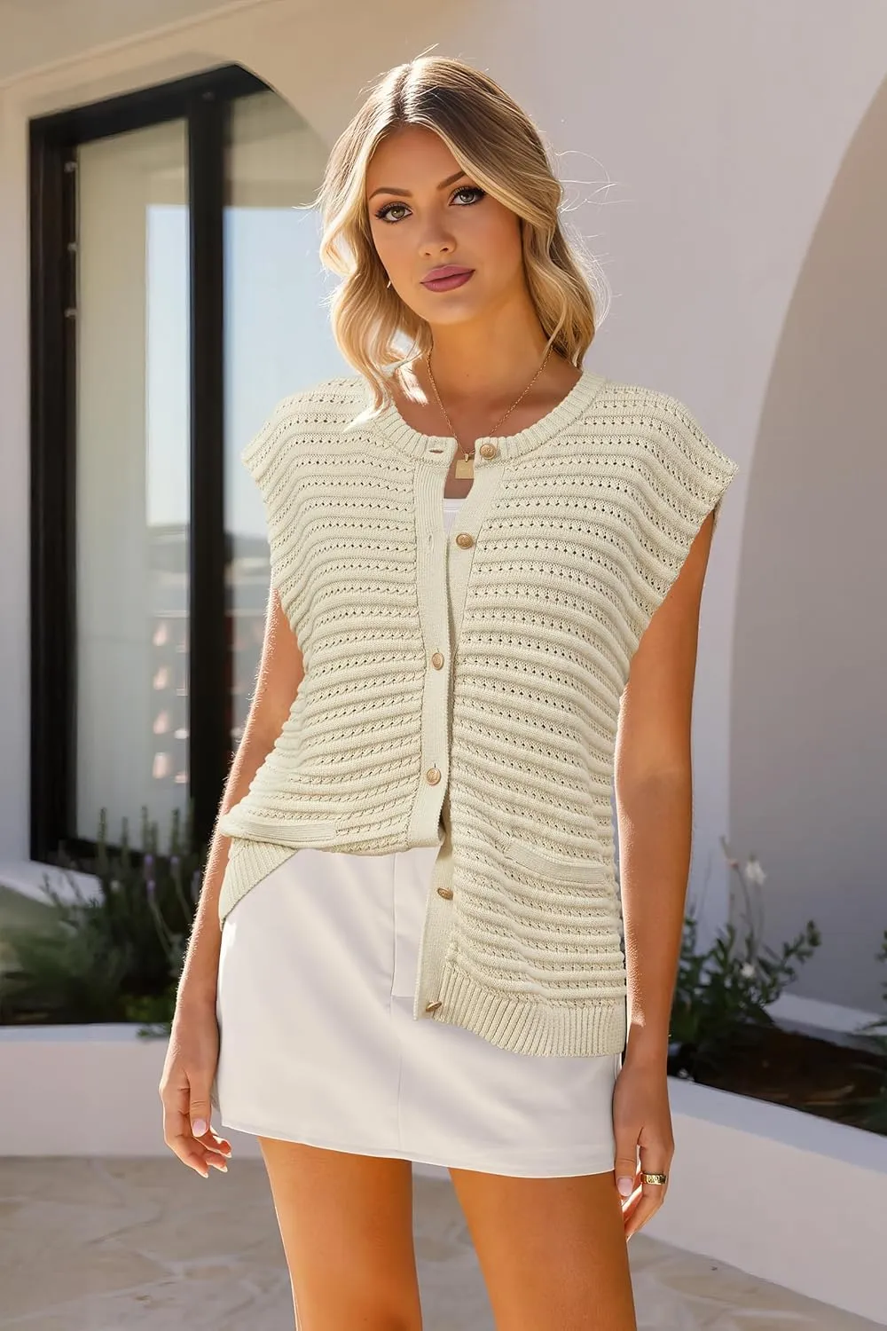 Arach&Cloz Women Cap Sleeve Sweater Vest 2025 Summer Crochet Button Down Knit Cardigan Loose Business Casual Tops Trendy