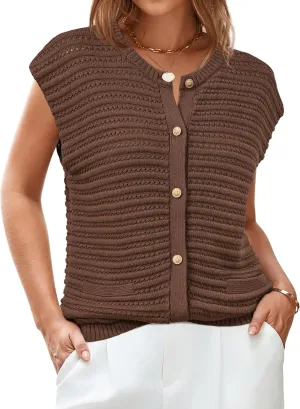 Arach&Cloz Women Cap Sleeve Sweater Vest 2025 Summer Crochet Button Down Knit Cardigan Loose Business Casual Tops Trendy
