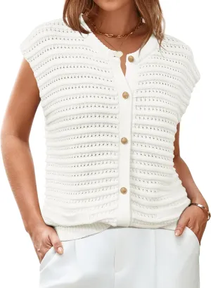 Arach&Cloz Women Cap Sleeve Sweater Vest 2025 Summer Crochet Button Down Knit Cardigan Loose Business Casual Tops Trendy