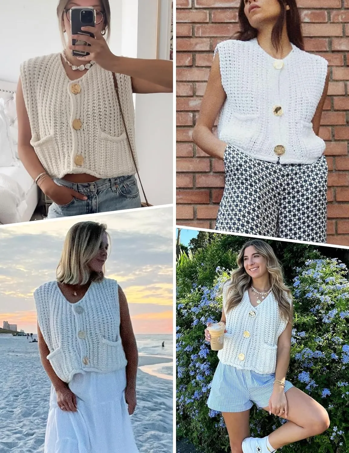 Arssm Women Button Down Sweater Vest Sleeveless Crop Knit Cardigan Cropped Knitted Sweater Vest with Pockets