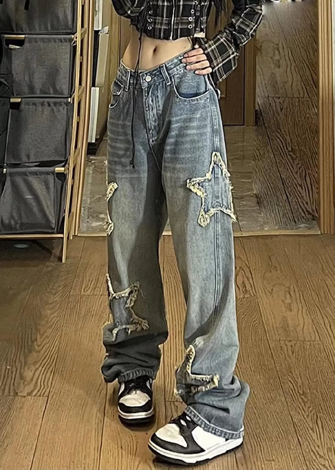 AULKEEP Womens Star Print Gradient Jeans Loose Ripped Graphic Pants Punk High Waist Bottom Jeans with Pocket