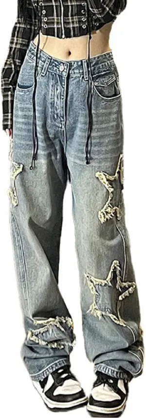 AULKEEP Womens Star Print Gradient Jeans Loose Ripped Graphic Pants Punk High Waist Bottom Jeans with Pocket