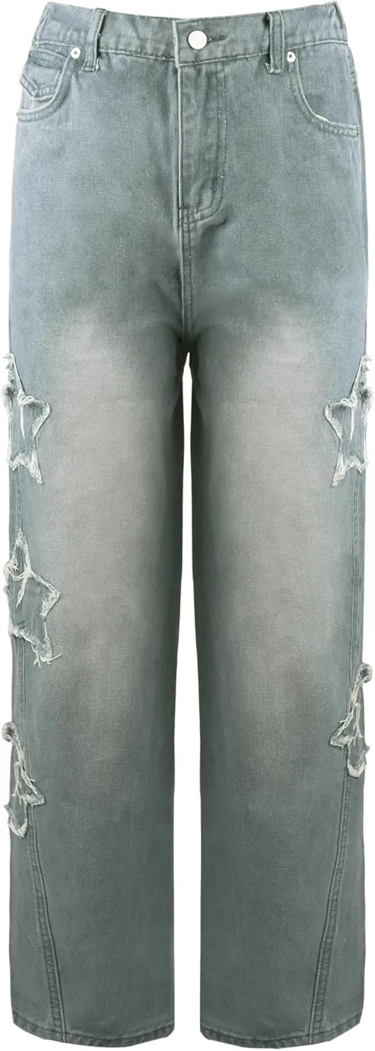 AULKEEP Womens Star Print Gradient Jeans Loose Ripped Graphic Pants Punk High Waist Bottom Jeans with Pocket