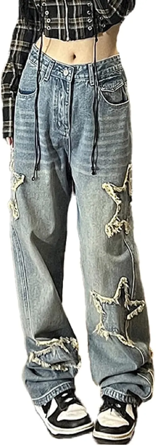AULKEEP Womens Star Print Gradient Jeans Loose Ripped Graphic Pants Punk High Waist Bottom Jeans with Pocket