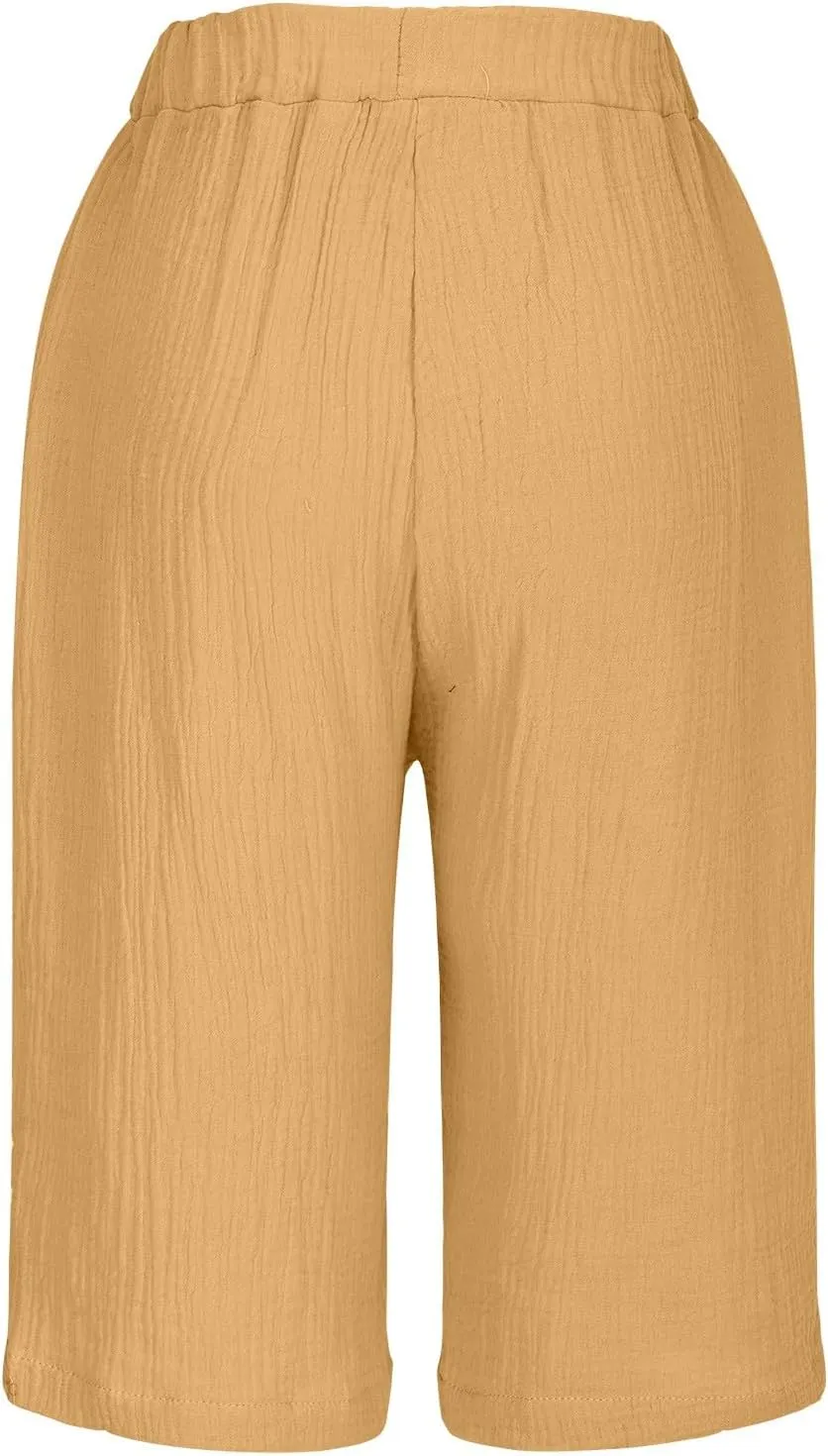 Bermuda Shorts for Women Knee Length Elastic Waist Drawstring Loose Wide Leg Shorts Summer Casual Beach Clothes 2025