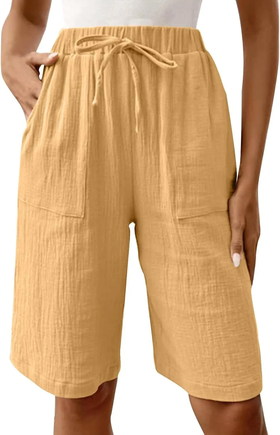Bermuda Shorts for Women Knee Length Elastic Waist Drawstring Loose Wide Leg Shorts Summer Casual Beach Clothes 2025
