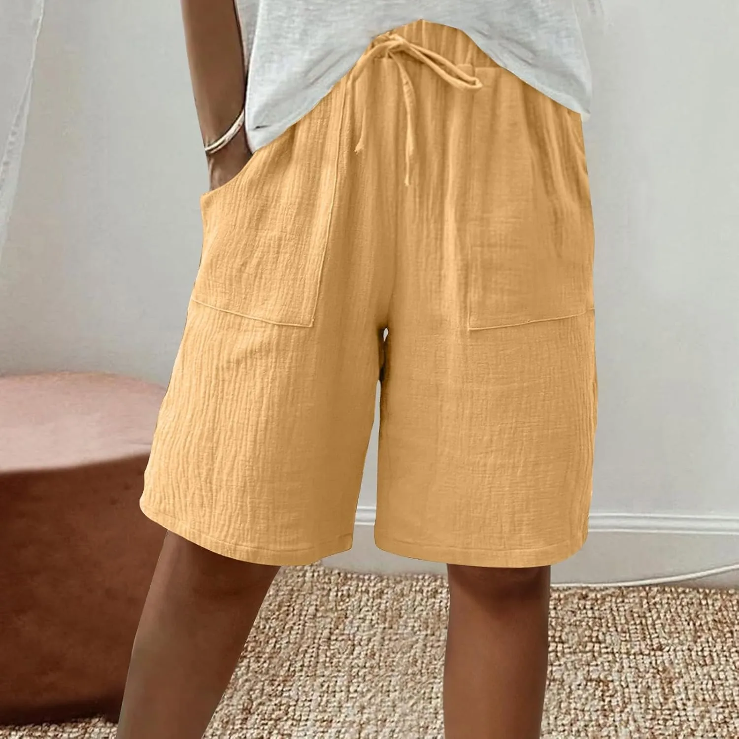 Bermuda Shorts for Women Knee Length Elastic Waist Drawstring Loose Wide Leg Shorts Summer Casual Beach Clothes 2025