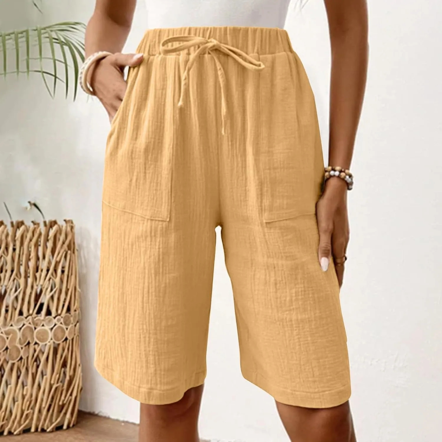 Bermuda Shorts for Women Knee Length Elastic Waist Drawstring Loose Wide Leg Shorts Summer Casual Beach Clothes 2025