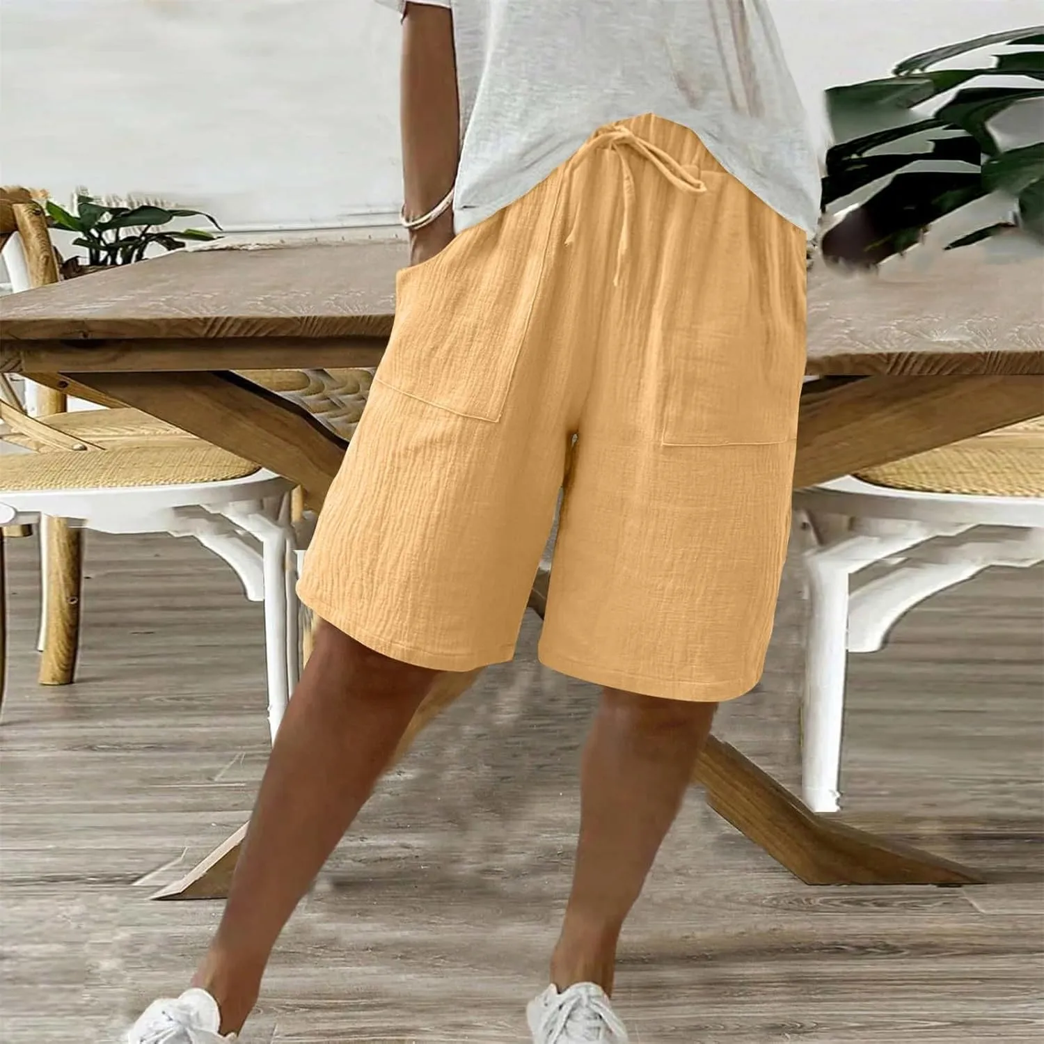 Bermuda Shorts for Women Knee Length Elastic Waist Drawstring Loose Wide Leg Shorts Summer Casual Beach Clothes 2025